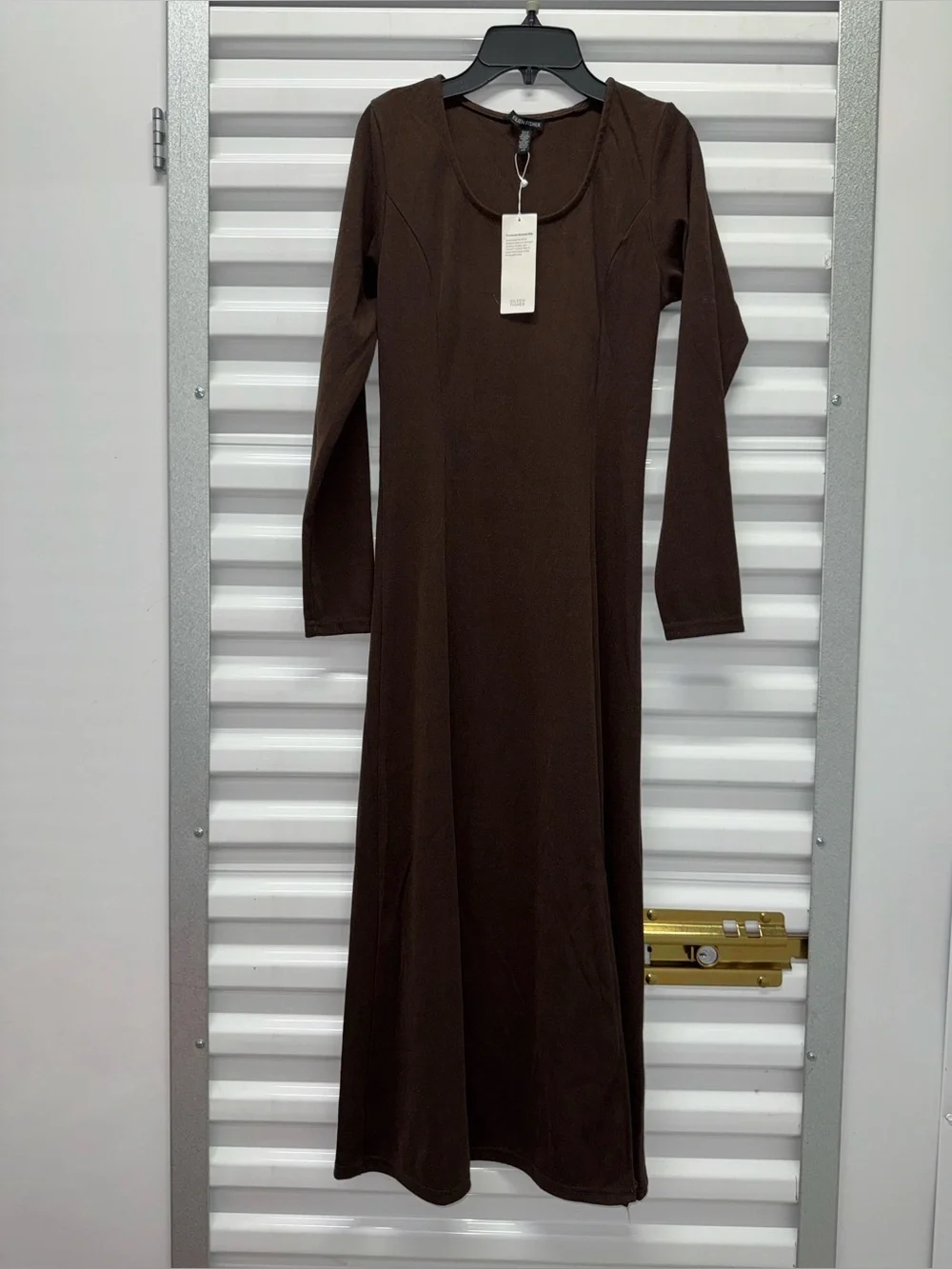NWT Eileen Fisher Textured Stretch Rib Crew Neck Dress in Wren Chocolate Brown